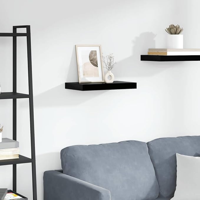 High Gloss Black Honeycomb MDF Floating Wall Shelf with Metal Brackets, 4-Piece Set for Modern Home Decor and Storage