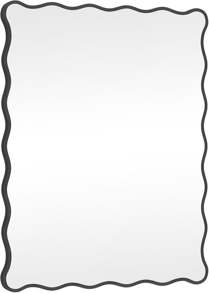 Black Wavy Mirror Whit Wood Frame, 18" x 24" Small Rectangle Boho Mirror for Nursery Wall Decor, Bathroom Vanity, Bedroom, Living Room, Entryway