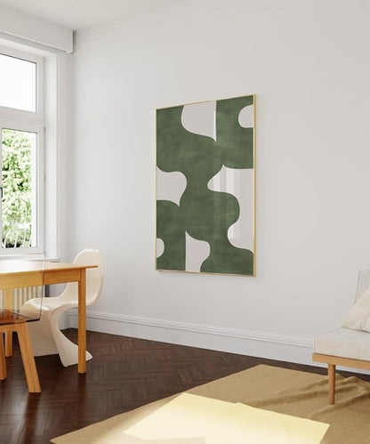 Nationcog Green Mid Century Wall Art, Minimalist Abstract Poster with Beige Tones, Retro Organic Shape Print, Modern Neutral Home Decor for Living Room or Entryway (Unframed) (12x18)