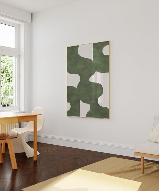 Nationcog Green Mid Century Wall Art, Minimalist Abstract Poster with Beige Tones, Retro Organic Shape Print, Modern Neutral Home Decor for Living Room or Entryway (Unframed) (20x30)