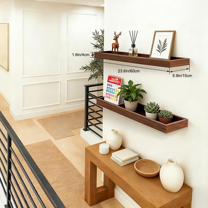 Floating Shelves for Wall, Wooden Wall Shelves for Bedroom Living Room Kitchen, Modern and Rustic Bathroom Shelves with Raised Lip, Decor Floating Shelf for Storage (Walnut-Like,2 Set,23.6 in)