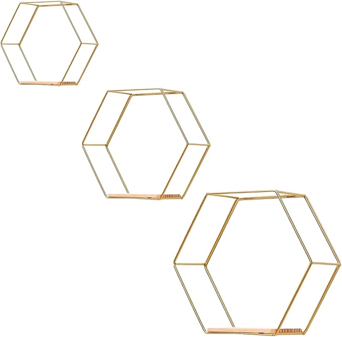 Gold Floating Wall Shelves Set of 3,Metal Hexagon Shelving Geometric Wall Mounted Design for Living Room, Bedroom, Kitchen & Office Decor, Easy Install Modern Display Shelves with Golden Finish