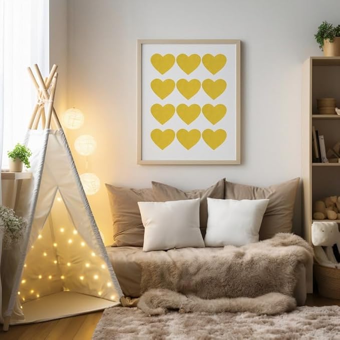 Nationcog Yellow Heart Wall Art, Mid Century Minimalist Poster, Scandi Folk Inspired Kids Room Decor, Retro Modern Artwork, Cute Valentine Gift for Home or Nursery (Unframed) (9x11)