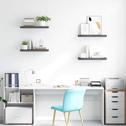Set of 4 High Gloss Grey Floating Wall Shelves, Honeycomb MDF and Metal Construction for Home Storage and Display