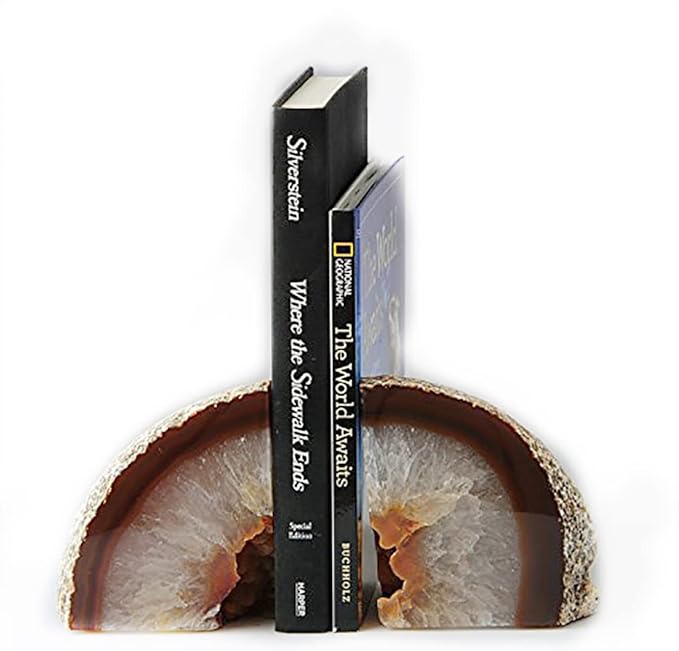 JIC Gem 1 Pair(6 to 8 Lbs) Natural Agate Bookends Decorative geode Book Ends for Heavy Books with Rubber Bumpers Crystal Bookends for Shelves and Office Decoration