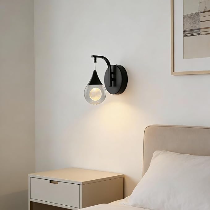 Modern Wall Sconces, Moon Crystal Wall Sconce Indoor, 5W Dimmable LED Sconce Wall Lighting for Bedroom Bedside Bathroom Living Room Hallway Staircase, Black