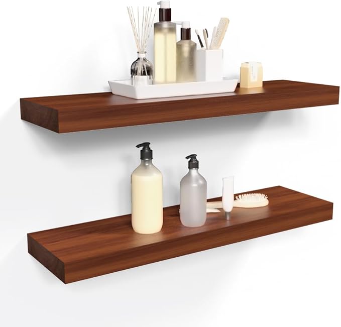 Habudda Floating Shelves for Rustic Home Decor, Natural Solid Wood Wall Shelf, Invisible Bracket Wall Mount, 23.6 Inches, 2 Pack