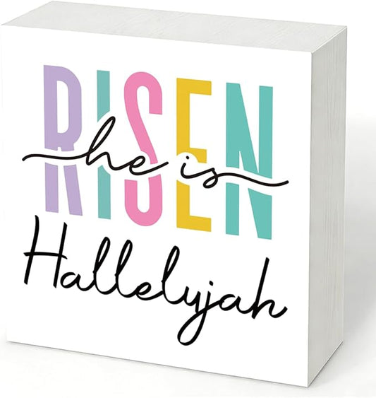 Easter Decorations for Home Christian Wooden Box Sign, He Is Risen Hallelujah Rustic Farmhouse Decor, Inspirational Religious Desk Shelf Tabletop Plaque for Living Room Bedroom Office Spring Gift