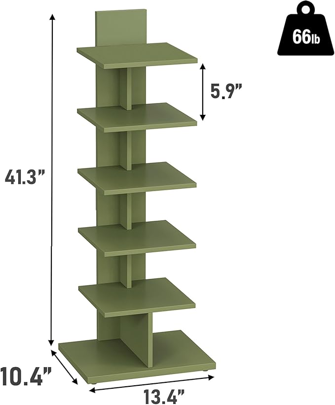 TUTOTAK Bookshelf, 6-Tier Bookcase, Narrow Spine Book Shelf for Small Space, Corner Standing Shelf for Living Room, Office, Study, Entryway, Olive Green BS06BOG016