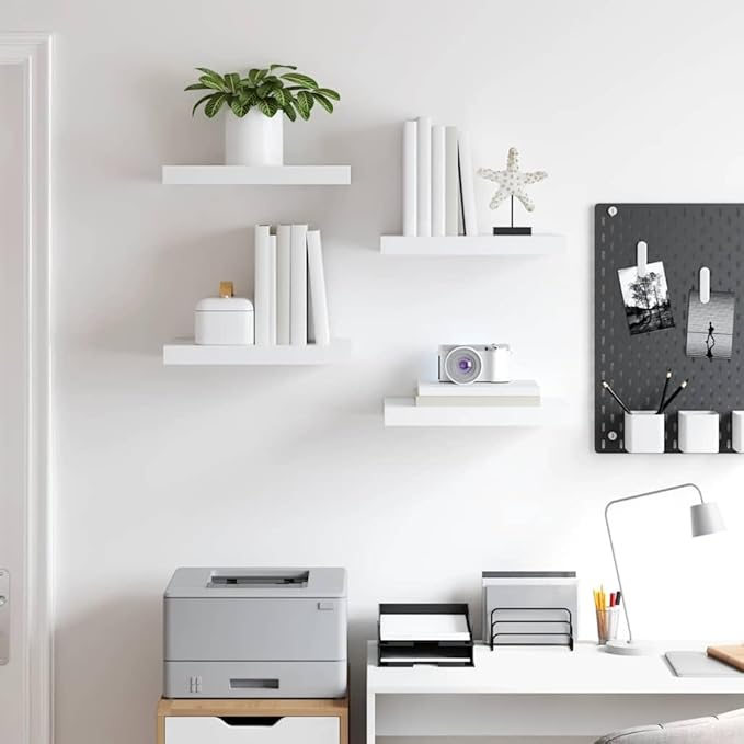 White Honeycomb MDF Floating Wall Shelf Set of 4 with Metal Brackets, Modern Minimalist Display Shelves for Home Organization and Decoration
