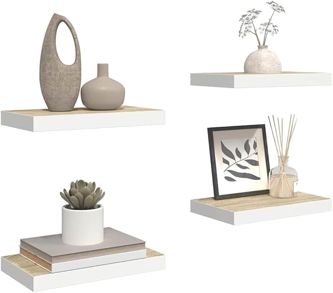 Wall Shelf Set of 4 Oak and White Honeycomb MDF Metal Floating Shelves for Modern Home Decor and Versatile Display Storage