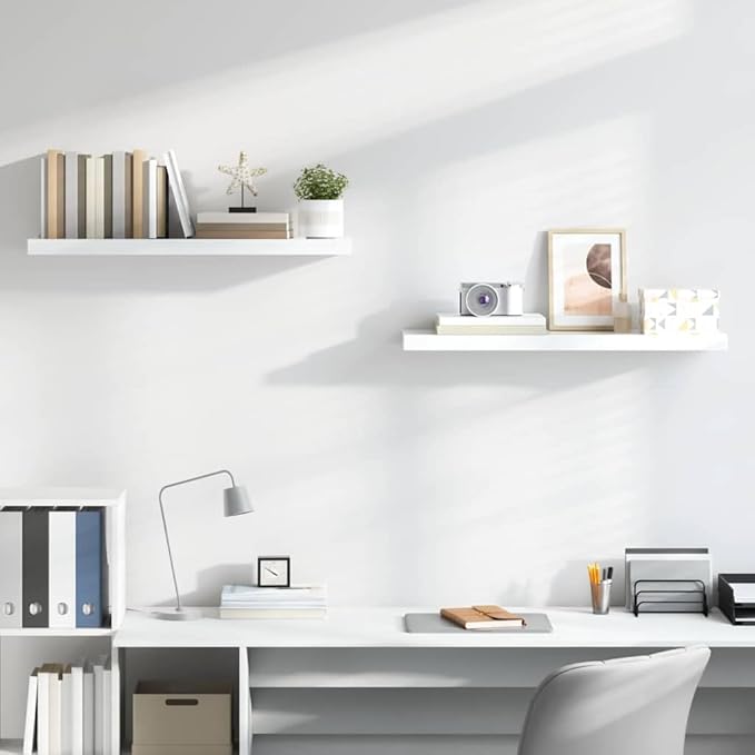 Set of 2 High Gloss White Honeycomb MDF and Metal Floating Wall Shelves with Invisible Mounting, Modern Minimalist Design for Living Room Bedroom Office Storage and Display