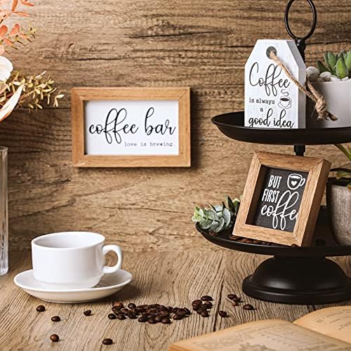 3 Pieces Coffee Bar Decor Sign But First Coffee Wood Sign Mini Farmhouse Wall Rustic Wooden Art Plaque Bar Tabletop Shelf Accessories for Tier Tray Decor Home Office Kitchen