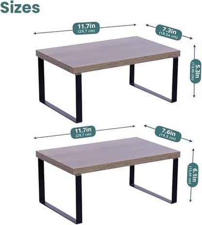 Sben Cabinet Organizer Shelf, Set of 2 Kitchen Counter Shelves, Kitchen Storage, Spice Rack, Stackable, Expandable, Metal and Engineered Wood, Ink Black and Brown Surface