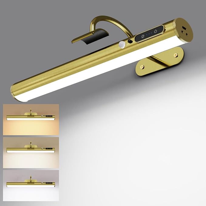 Motion Sensor Wireless Rechargeable Picture Light, Battery Operated Magnetic Art Wall Sconce with Remote Control, LED Picture Frame Lamp for Portrait Poster Painting Mirror Gallery (Antique Brass)