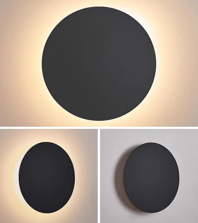 Black Modern Wall Sconce OTTOSON Round Disc Sconces Wall Lighting Metal Circular Stairwell Lighting 3000K Warm LED Wall Lights for Living Room Bedroom Stairway - 12"