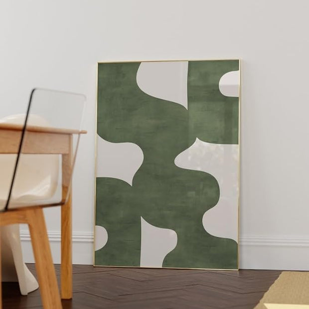 Nationcog Green Mid Century Wall Art, Minimalist Abstract Poster with Beige Tones, Retro Organic Shape Print, Modern Neutral Home Decor for Living Room or Entryway (Unframed) (27x40)