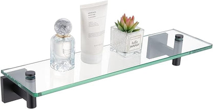 KOKOSIRI Bathroom Shelves Glass Floating Shelf 16-Inch for Bedroom, Living Room, Kitchen, Small Hanging Rack Rustproof Wall Mounted Black B1105BK-L16