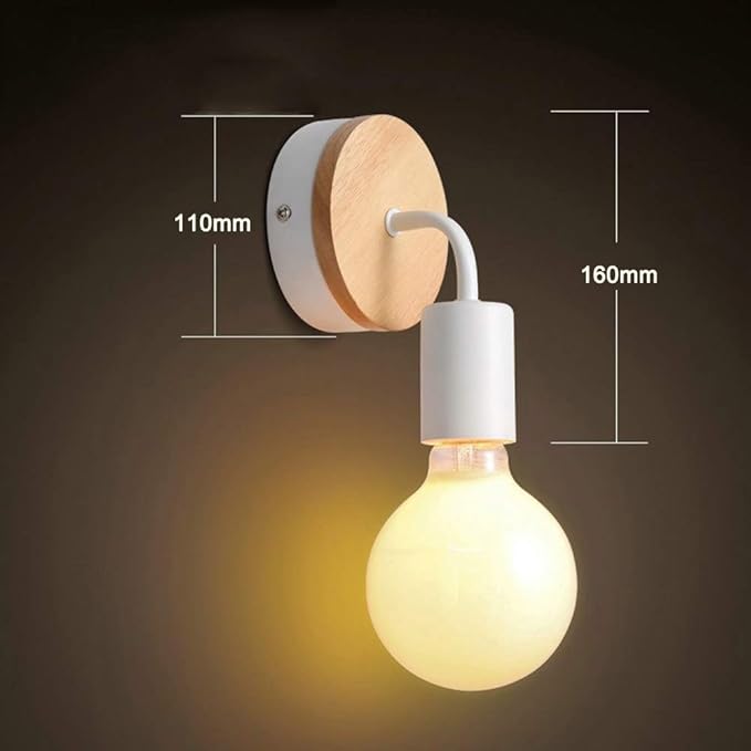 Vintage Loft Style Wooden Base Wall Lights Metal Lamp Minimalist Indoor Wall Sconces E26 Lamp Holder Lighting for Living Room Bedrooms (Bulb Sold Separately) (White)
