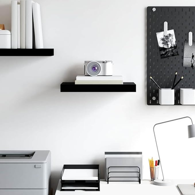 High Gloss Black Honeycomb MDF Floating Wall Shelf with Metal Brackets, 4-Piece Set for Modern Home Decor and Storage