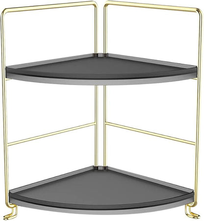 2-Tier Spice Rack Corner Storage Shelf Makeup Organizer Stackable Cosmetic Holder Standing Counter Shelf for Bathroom, Kitchen, Countertop, and Vanity (Gold + Black)