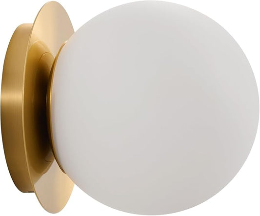 Modern Glass Globe Wall Sconce: Gold Spherical Sconces Light - Small Brass Vanity Single Ball Lights Fixture - Contemporary Milk Glass Wall Mounted Lamp for Bedroom Bathroom Hallway Bulb Not Included