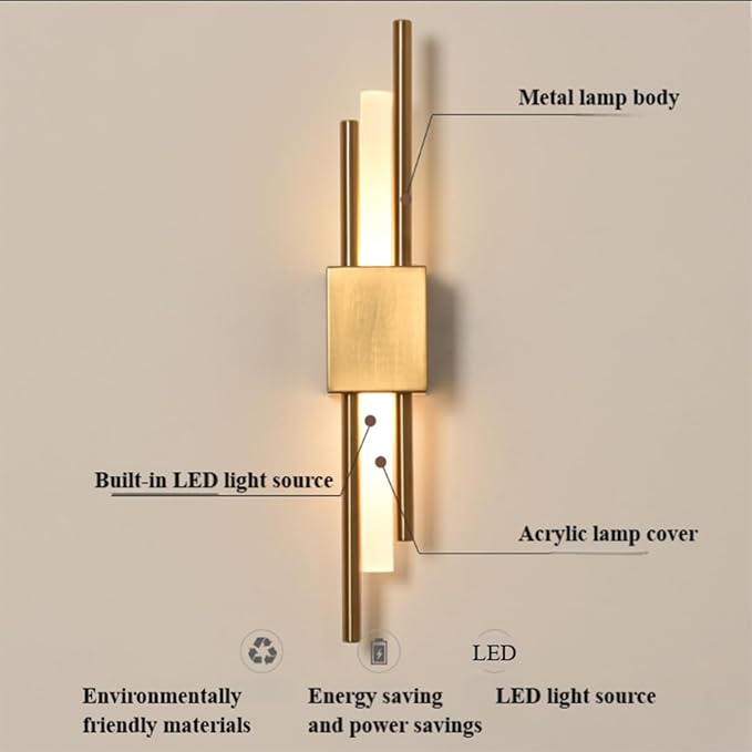 Modern Golden LED Wall Sconce, Geometric Metal and Acrylic Vertical Wall Lamp, Minimalist LED Light for Bedroom, Living Room, Hallway – 8 W, 48 cm, 3 Light Tones (Gold-Right)