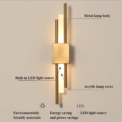 Modern Golden LED Wall Sconce, Geometric Metal and Acrylic Vertical Wall Lamp, Minimalist LED Light for Bedroom, Living Room, Hallway – 8 W, 48 cm, 3 Light Tones (Gold-Right)