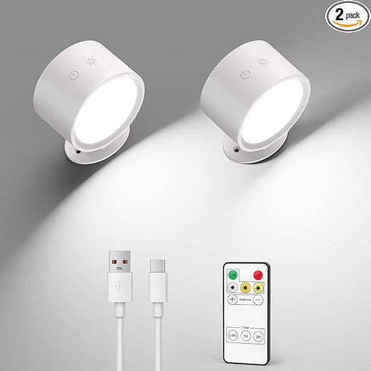 LED Wall Mounted Lights 2 Pcs with Remote, Rechargeable Wall Sconce with 3 Color Temps & Dimmable Magnetic 360° Rotation Cordless Light for Bedroom Reading Bedside (White, 2 Pack)