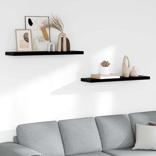 Modern Floating Wall Shelf Set of 2 High Gloss Black Honeycomb MDF with Metal Support, Invisible Mounting System for Stylish Display and Space Saving Storage in Living Room