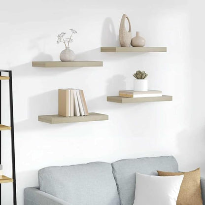 Wall Shelf Set of 4 Oak Honeycomb MDF Floating Shelves with Invisible Mounting System, Modern Metal Brackets for Living Room Bedroom Display Storage Organizer
