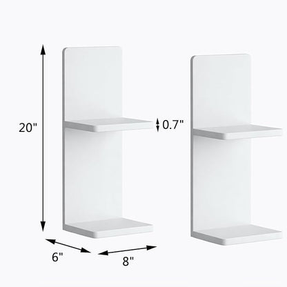 Floating Wall Shelves Set of 2, White Solid Wood Double Layer Wall Mounted Shelf, 20 x 8 x 6 Inches, Modern Storage for Bedroom, Bathroom, Kitchen, Home Decor, Plants & Cosmetics