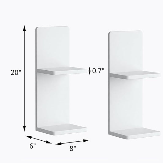 Floating Wall Shelves Set of 2, White Solid Wood Double Layer Wall Mounted Shelf, 20 x 8 x 6 Inches, Modern Storage for Bedroom, Bathroom, Kitchen, Home Decor, Plants & Cosmetics