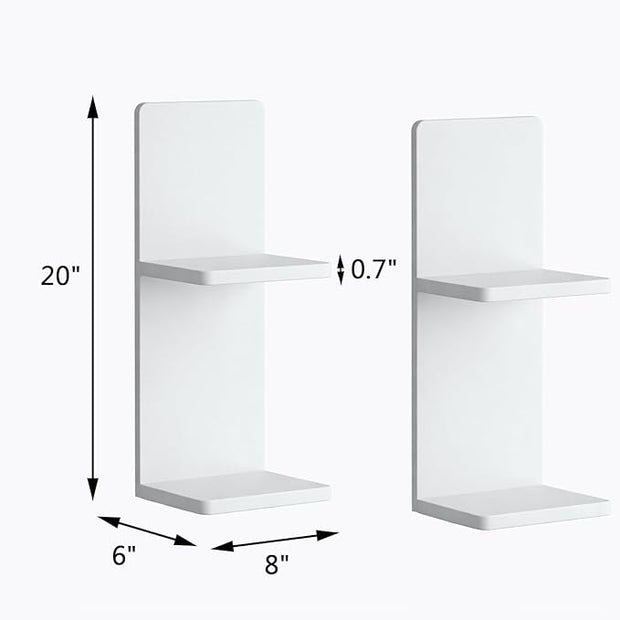 Floating Wall Shelves Set of 2, White Solid Wood Double Layer Wall Mounted Shelf, 20 x 8 x 6 Inches, Modern Storage for Bedroom, Bathroom, Kitchen, Home Decor, Plants & Cosmetics