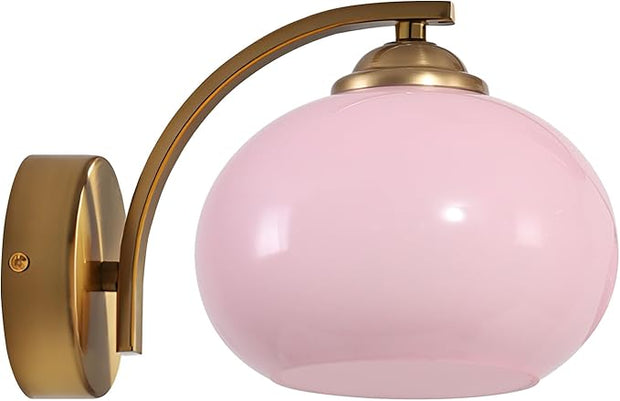 Mid Century Modern Wall Sconce Light Fixture Pink Glass Wall Sconce Lamp Brass Gold Wall Lighting Hardwired Globe Wall Lamp Vintage Bathroom Vanity Light Fixtures