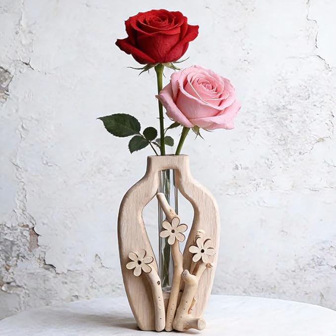 Artistic Wood Glass Vase,Wooden Base Cylindrical Flower Vase,Classic Boho Rustic Style for Fireplace Bedroom Kitchen Living Room Centerpieces Office Desk (Tall Vase)