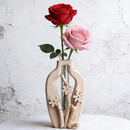Artistic Wood Glass Vase,Wooden Base Cylindrical Flower Vase,Classic Boho Rustic Style for Fireplace Bedroom Kitchen Living Room Centerpieces Office Desk (Tall Vase)