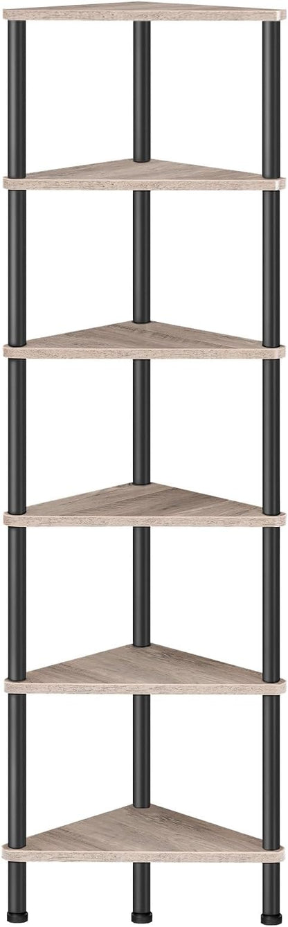 HOOBRO Corner Shelf Stand, Industrial 6-Tier Corner Bookshelf with Metal Frame, Plant Display Shelf, Bookcase for Small Spaces, Living Room, Greige and Black BG36CJ01