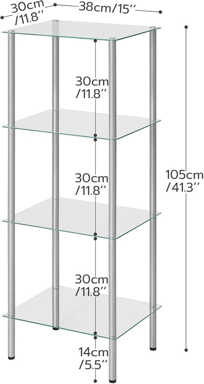 HOOBRO Glass Shelf, 4 Tier Bathroom Standing Shelf Unit, Tempered Glass Shelving Stand for Small Space, Perfume Stand Organizer, Space-Saving, for Bathroom, Bedroom, Steel Frame, Silver SV04CJ01