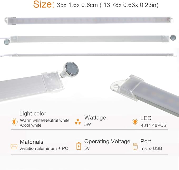 Dimmable Under Cabinet Lighting, 3 Color Temperature Portable USB Reading Strips Craft Light Eye-Care LED Desk Reading Lamp Light Great for Craft Table, Pianos, Music Stands, Kitchen, Shelf