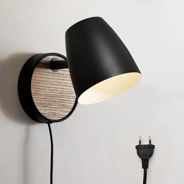 Plug in Wall Sconce Black,Bedside Wall Lamps with Switch,Modern Wood Wall Light for Bedroom with 180°Rotation Metal Shade,Indoor E26 Wall Lamp for Living Room,Dining Room,Hallway,Stairway,Wall Decor