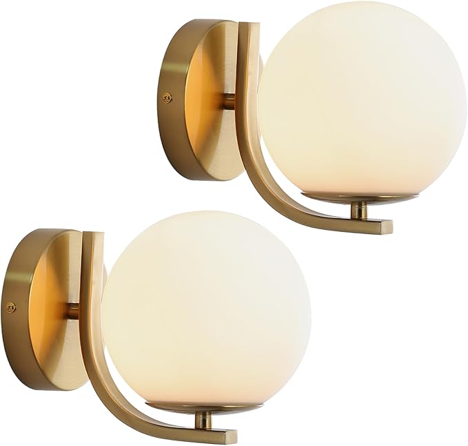 Gold Wall Sconces Set of 2, Mid Century Modern Wall Sconce with Globe Frosted Glass Shade, Art Deco Wall Mounted Light Fixture for Living Room, Bedroom, Hallway
