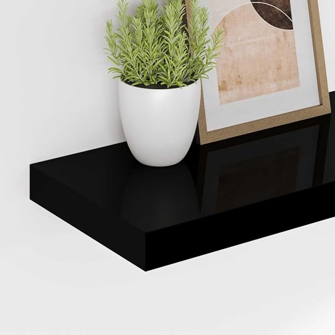 Modern Floating Wall Shelf Set of 2 High Gloss Black Honeycomb MDF with Metal Mounting System for Living Room Office Bedroom Storage Display