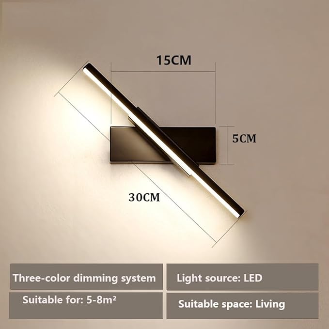 Modern Linear LED Wall Sconce 3 Color Change Minimalist Wall Lamp 30cm Length Black White Rotatable Lighting for Living Room Corridor Hallway Indoor Wall Mounted Light Fixture(Black)
