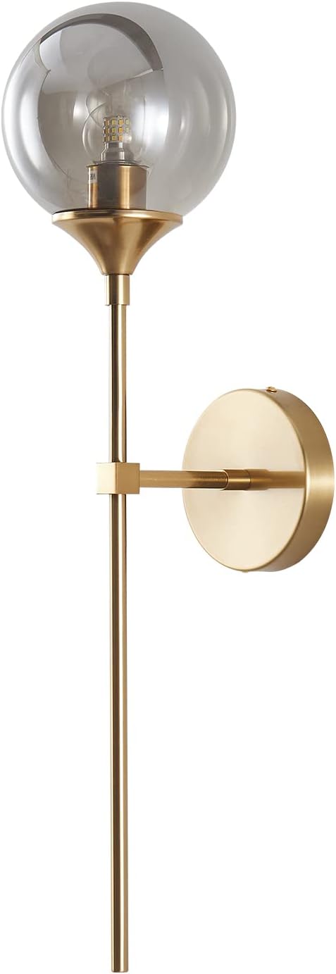 BOKT Brushed Brass Gold Wall Mounted Sconce Mid Century Modern Globe Wall Light Fixture Vintage Long Pole Arm Wall Lamp Smoke Gray Glass Wall Sconce Lighting (Smoke Gray)