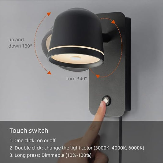 Aisilan Black Wall Sconce, 5W Dimmable Wall Sconces, Adjustable Angle Indoor Wall Lights with Plug in Cord, LED Wall Mounted Bedside Lamps for Living Room Stairway Hallway