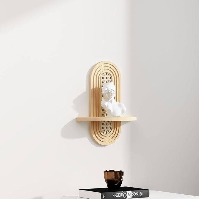 Wooden Arched Floating Shelf - Boho Decor Wall-Mouted Shelves Book Display Rattan Shelf for Bedroom Living Room Bathroom Nursery Home Office 14.5