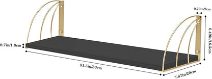 Wall Bookshelf Black Gold Floating Shelves Pine Wood Large 31.5×7.87 Inch Floating Bookshelf with Elegant Lines,Book Shelf for Wall,Black and Gold Shelves Set of 2.