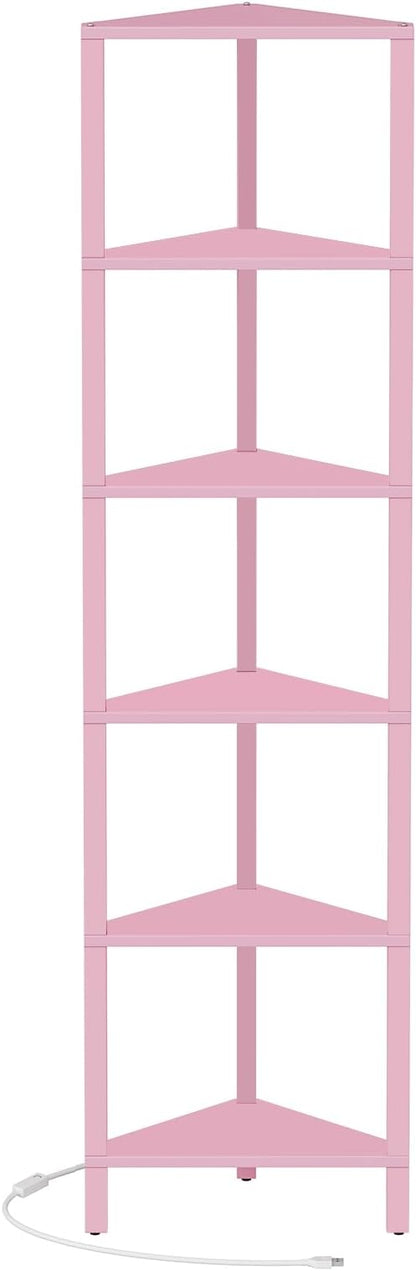 TUTOTAK Corner Shelf with LED Light, 6-Tier Corner Bookshelf for Small Space, Narrow Display Corner Shelf Stand with Storage Rack, for Living Room, Bedroom, Pink BS05BP006L