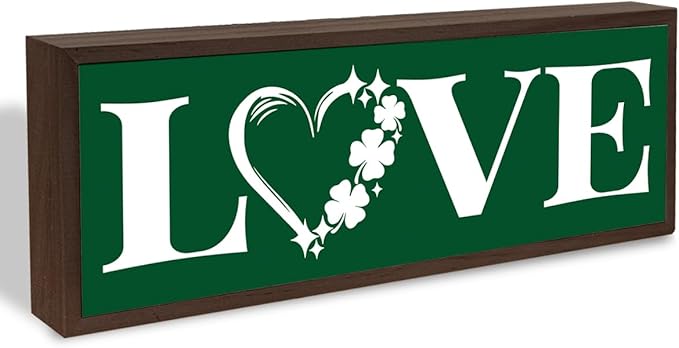 Clover Love Sign, Stylish Wooden Plaque Signs, Beautiful Home Decor, Shamrocks Wooden Box Sign, Shelf Table Mantel Decoration, Farmhouse Decor for St. Patrick's Day, 9.5x3.1x1 inches